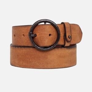Women's Cognac Distressed Leather Belt with Round Dark Metal Buckle